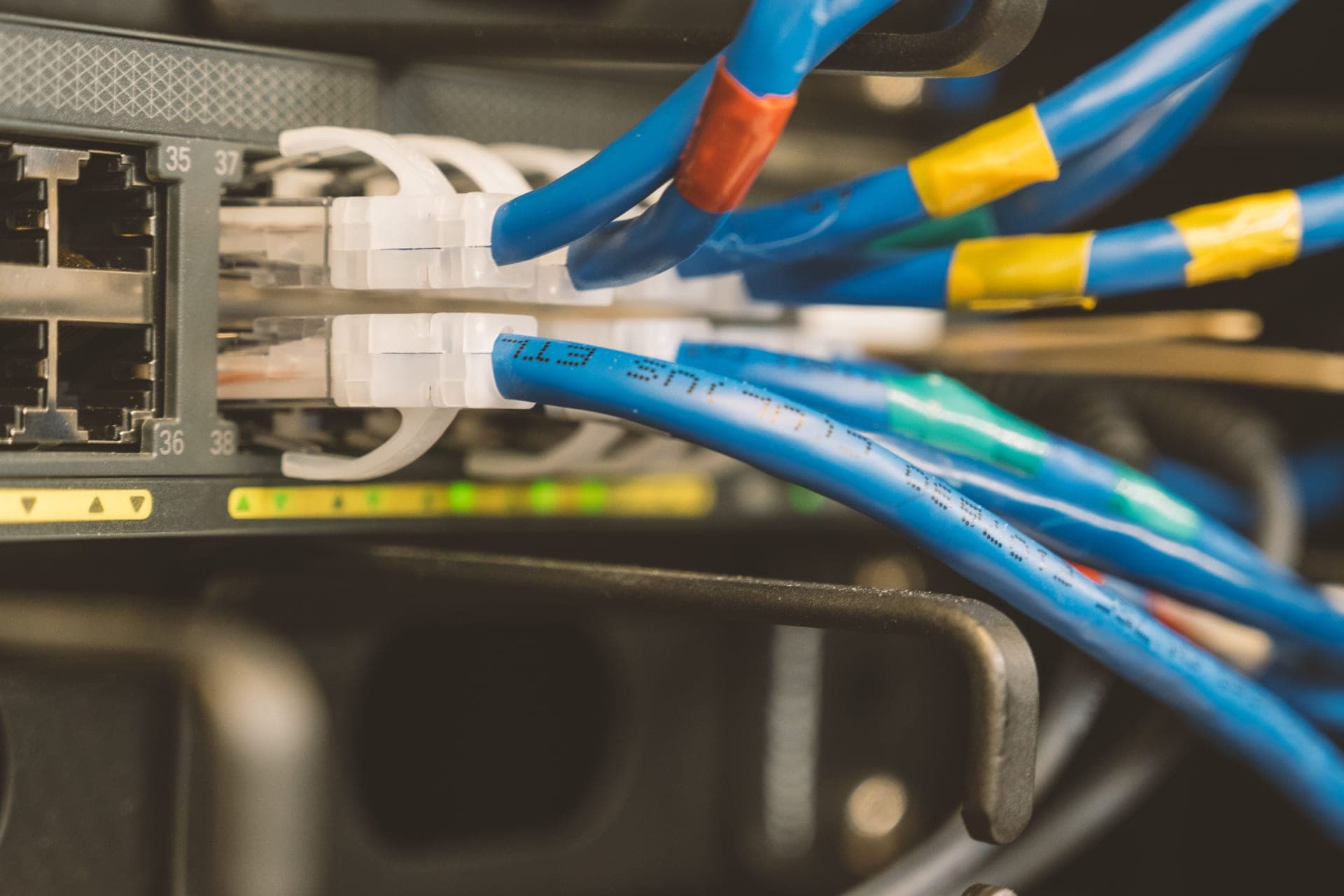Blue Ethernet patch cords connected to the numbered ports of a network switch